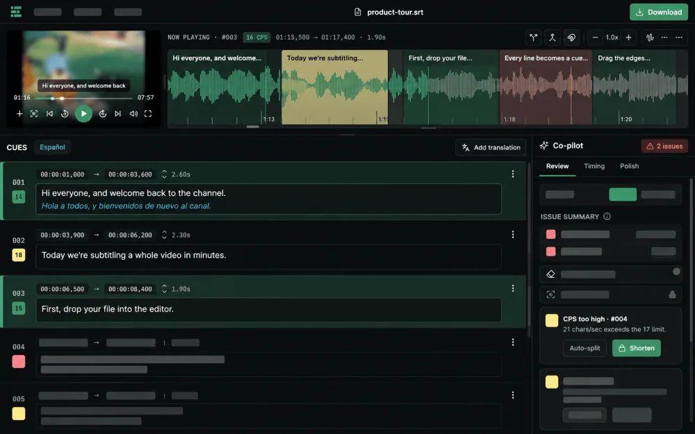 Editsub editor with the video, the waveform, the bilingual cue list and Co-pilot