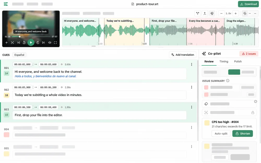 Editsub editor with the video, the waveform, the bilingual cue list and Co-pilot